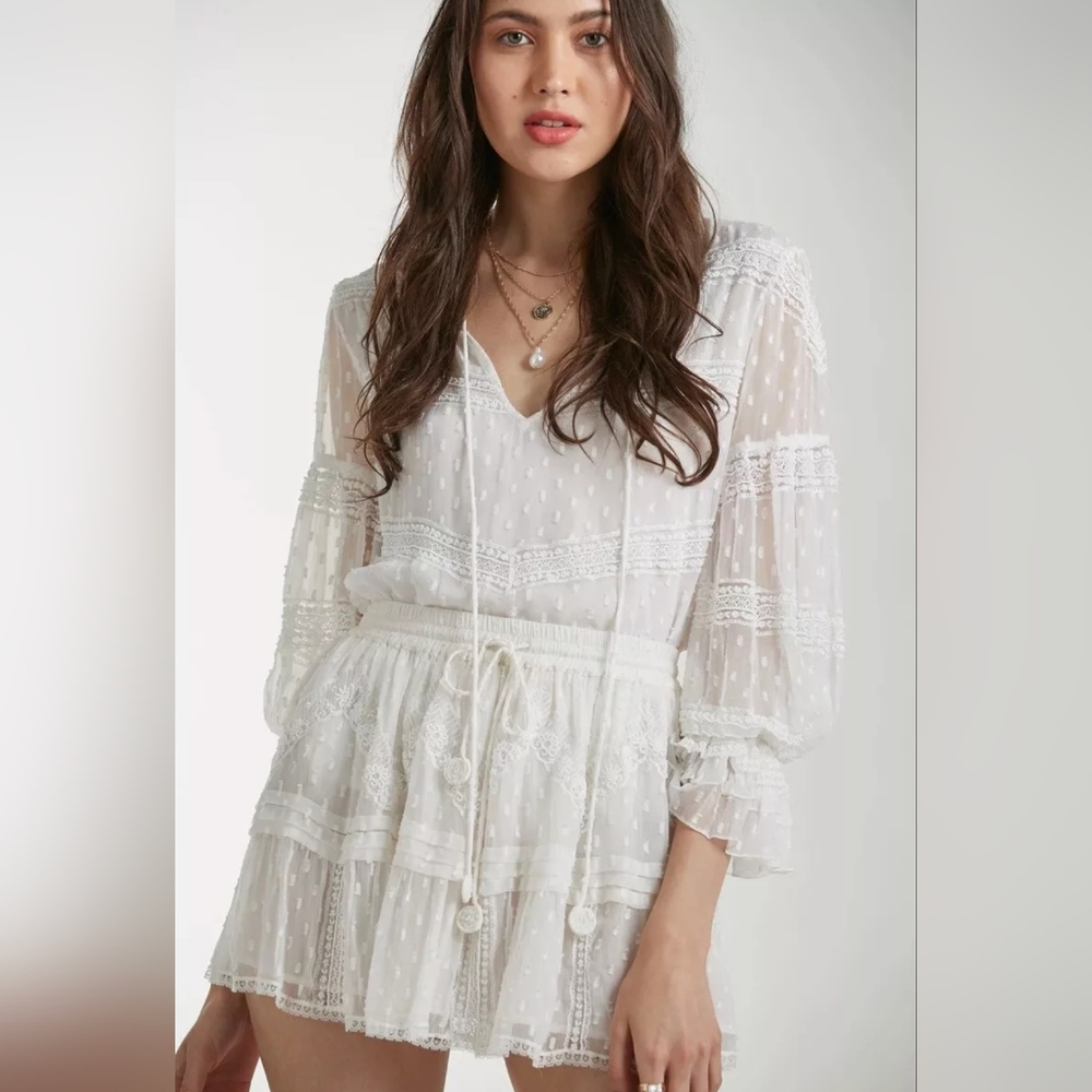 Rococo Sand Revolve Beaded Selene Skirt Set Off White Ruffle Swiss Dot Boho Xs